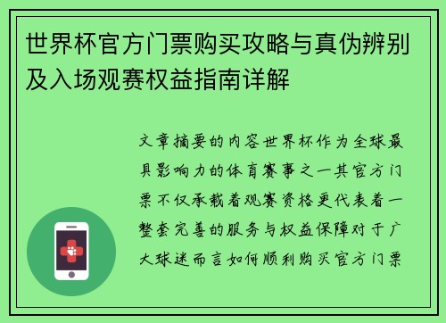 世界杯官方门票购买攻略与真伪辨别及入场观赛权益指南详解